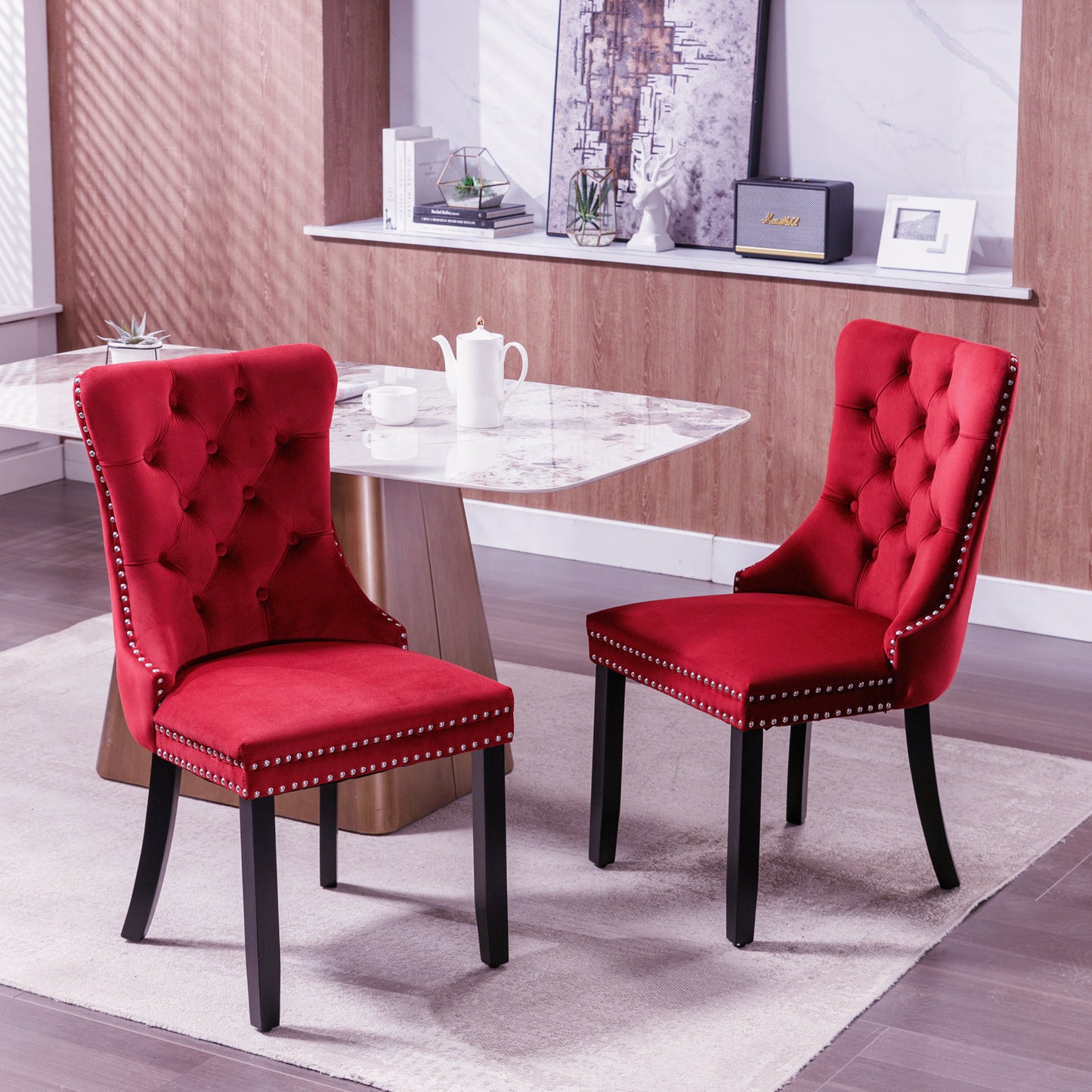 Classic Velvet Dining Chairs,  High-end Tufted Solid Wood Contemporary Velvet Upholstered Dining Chair with Wood Legs Nailhead, SET OF 2,Burgundy, Wine Red,SW2001WR