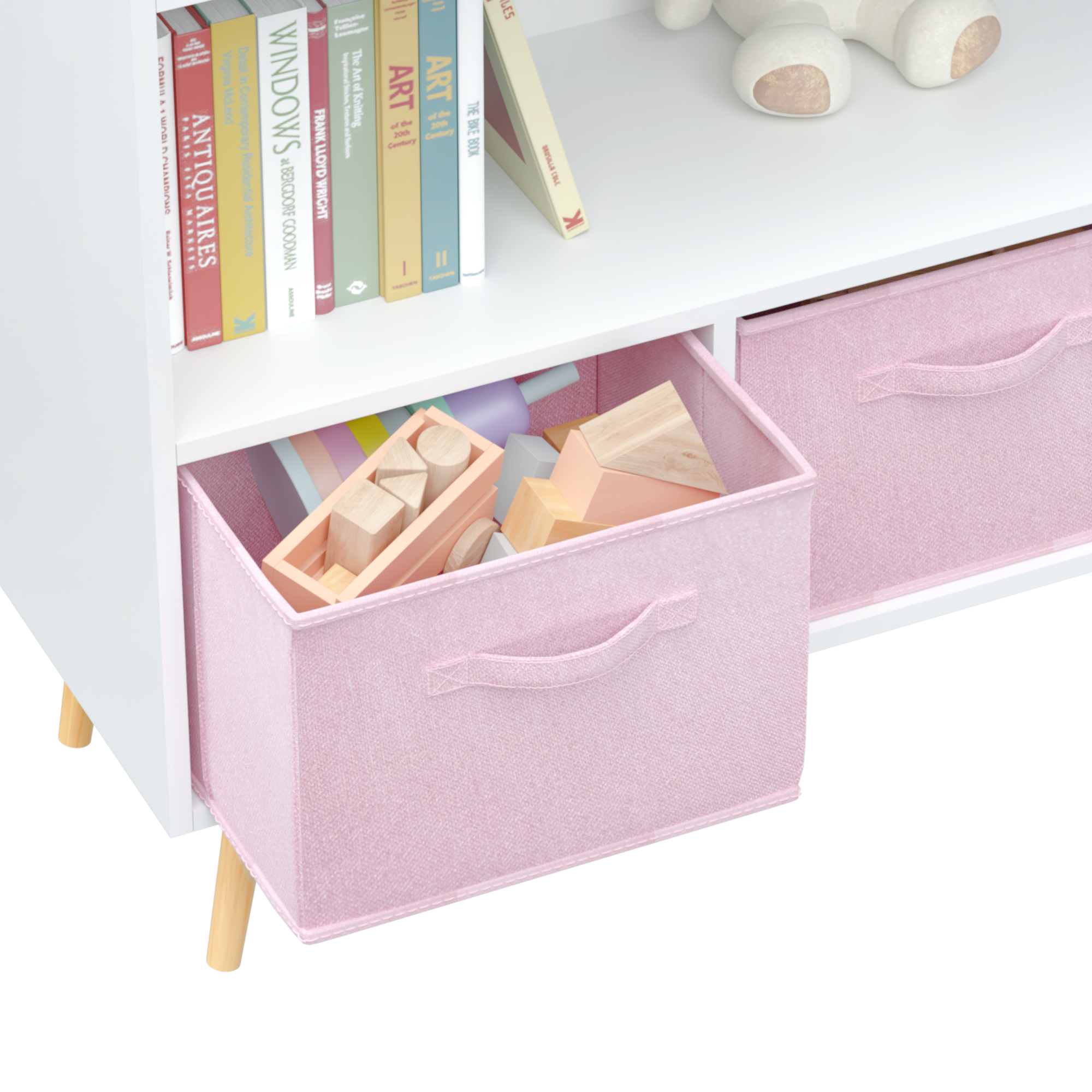 Kids bookcase with Collapsible Fabric Drawers, Children's Book Display, Toy Storage Cabinet Organizer, White/Pink