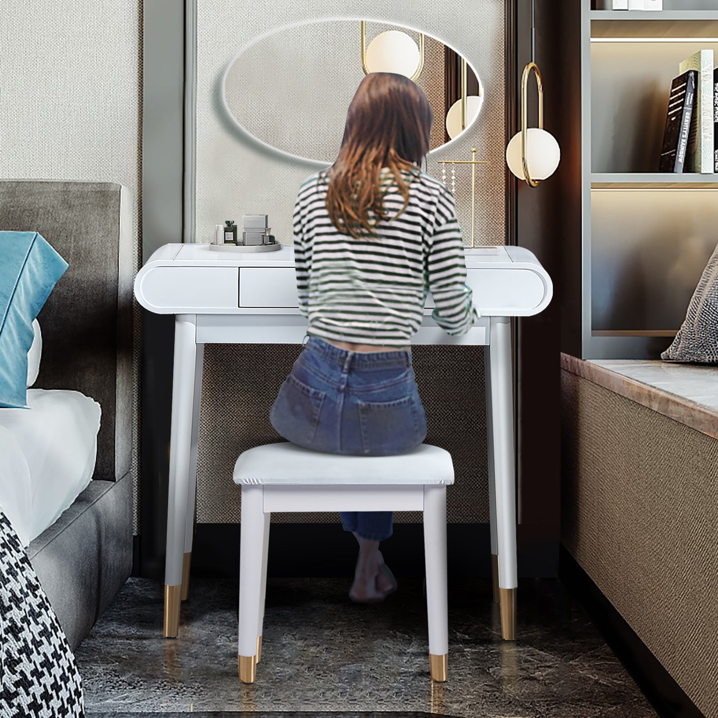 White Makeup Vanity Set with Stool, High Gloss Finish Dressing Table with Solid Stool,without Mirror!!!