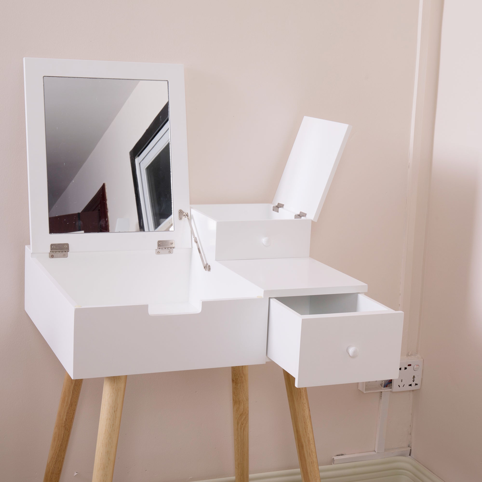 Wooden Vanity Desk Flip-top Dressing Mirror Writing table Computer Desk,White