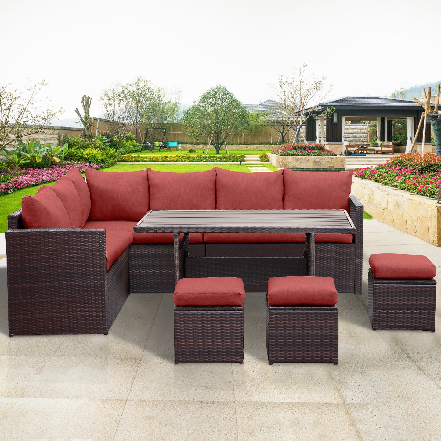 7 Piece Furniture Set, All Weather Wicker Outdoor Sectional Couch Sofa