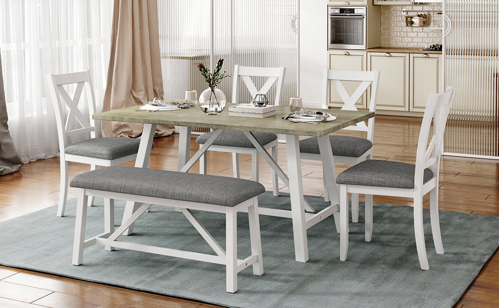 TOPMAX 6 Piece Dining Table Set Wood Dining Table and chair Kitchen Table Set with Table, Bench and 4 Chairs, Rustic Style,White+Gray