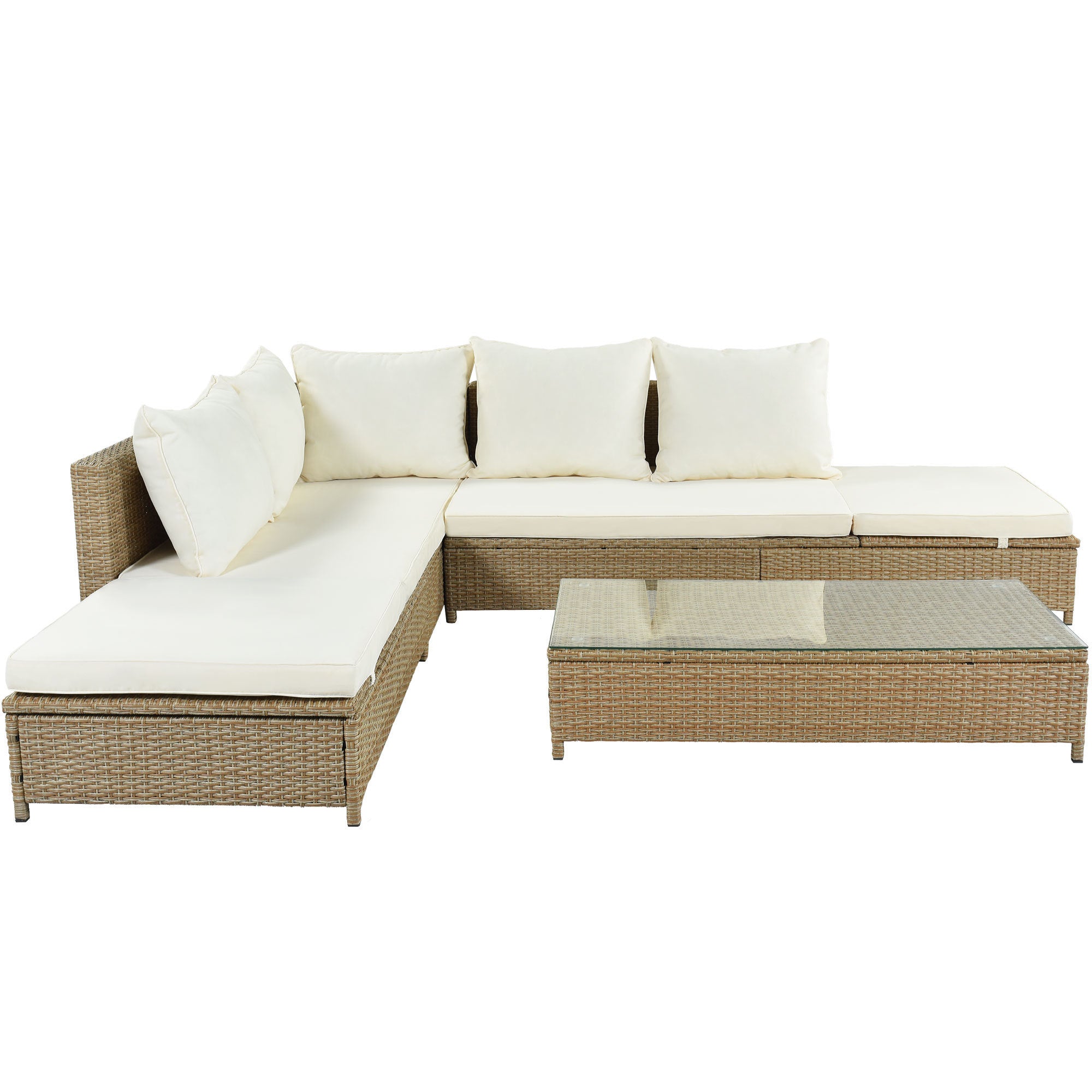 TOPMAX Patio 3-Piece Rattan Sofa Set All Weather PE Wicker Sectional Set with Adjustable Chaise Lounge Frame and Tempered Glass Table, Natural Brown+ Beige Cushion