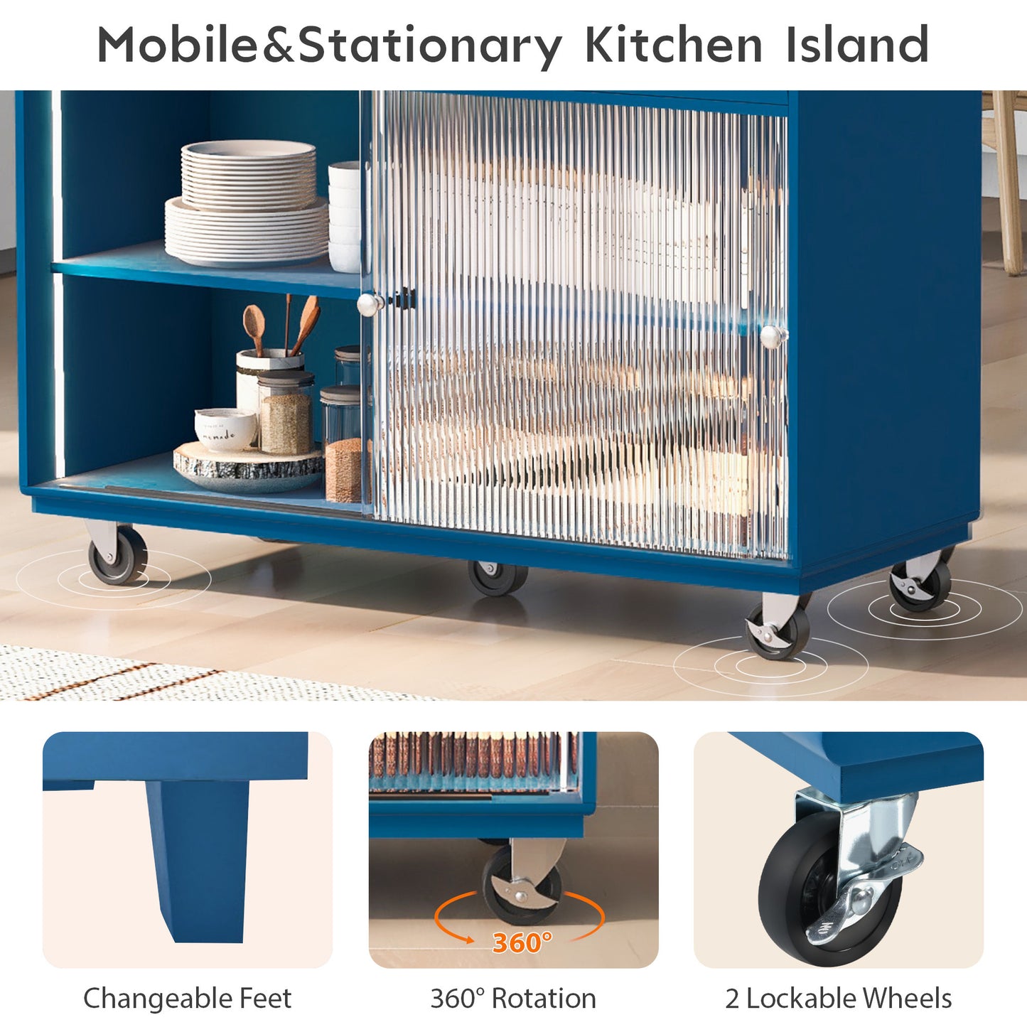 Kitchen Island with Drop Leaf, LED Light Kitchen Cart on Wheels with Power Outlets, 2 Sliding Fluted Glass Doors, Large Kitchen Island Cart with 2 Cabinet and 1 open Shelf (Navy Blue)