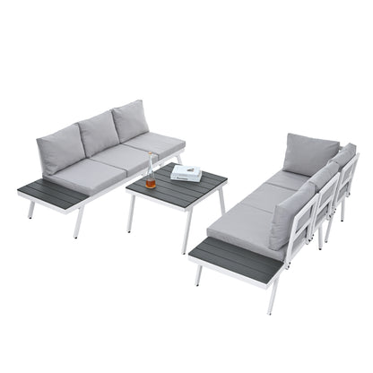 TOPMAX Industrial 5-Piece Aluminum Outdoor Patio Furniture Set, Modern Garden Sectional Sofa Set with End Tables, Coffee Table and Furniture Clips for Backyard, White+Grey