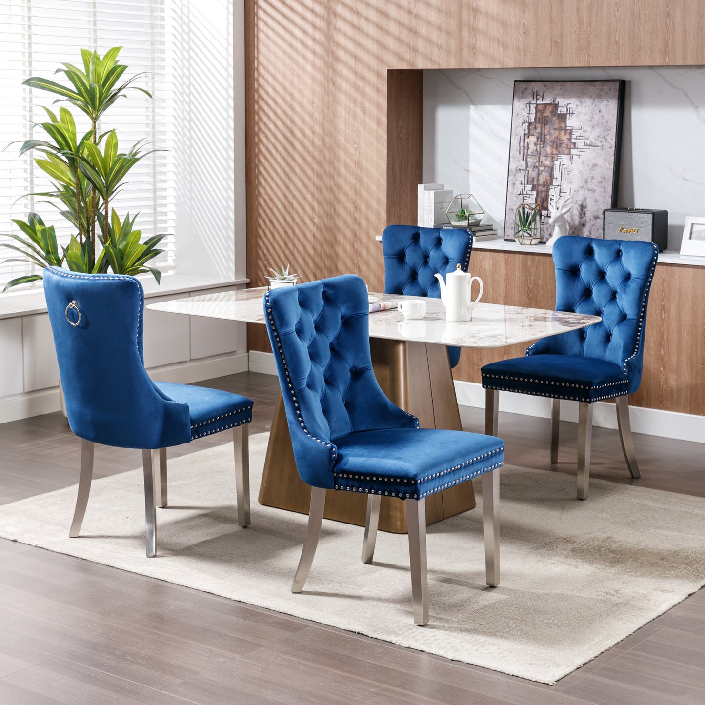 Nikki Collection Modern, High-end Tufted Solid Wood Contemporary Velvet Upholstered Dining Chair with Chrome Stainless Steel Plating Legs,Nailhead Trim,Set of 2,Blue and Chrome, SW1701BL