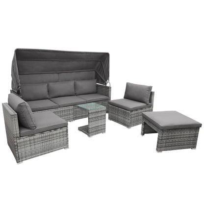 TOPMAX 5 Pieces Outdoor Sectional Patio Rattan Sofa Set Rattan Daybed , PE Wicker Conversation Furniture Set w/ Canopy and Tempered Glass Side Table, Gray