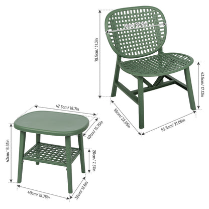 3 Pieces Hollow Design Retro Patio Table Chair Set All Weather Conversation Bistro Set Outdoor Table with Open Shelf and Lounge Chairs with Widened Seat for Balcony Garden Yard  Green