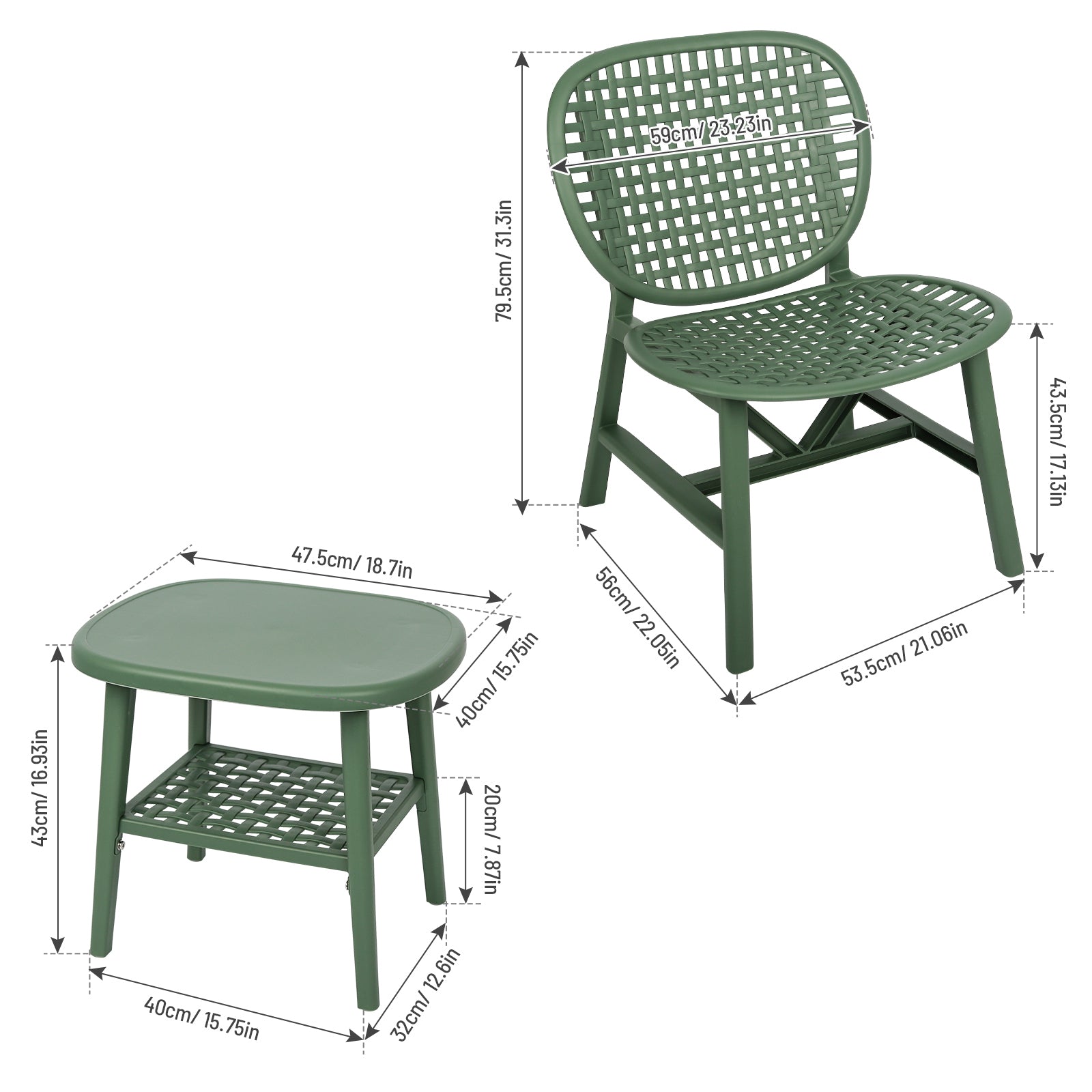 3 Pieces Hollow Design Retro Patio Table Chair Set All Weather Conversation Bistro Set Outdoor Table with Open Shelf and Lounge Chairs with Widened Seat for Balcony Garden Yard  Green