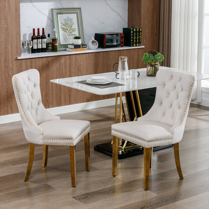 A&A Furniture,Nikki Collection Modern, High-end Tufted Solid Wood Contemporary Velvet Upholstered Dining Chair with Golden Stainless Steel Plating Legs,Nailhead Trim,Set of 2,Beige and Gold, SW1601BG