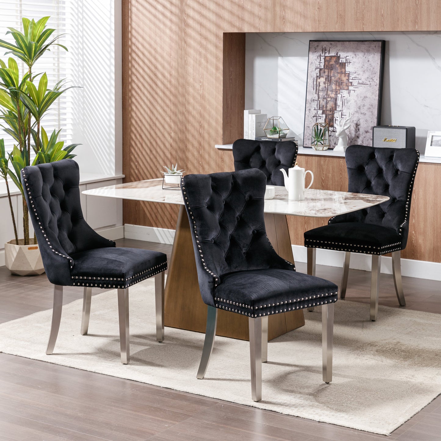 Nikki Collection Modern, High-end Tufted Solid Wood Contemporary Velvet Upholstered Dining Chair with Chrome Stainless Steel Plating Legs,Nailhead Trim,Set of 2,Black and Chrome, SW1701BK