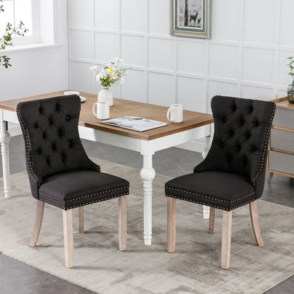 Nikki Collection Modern, High-end Tufted Solid Wood Contemporary Flax Upholstered Linen Dining Chair with Wood Legs Nailhead Trim 2-Pcs Set,Black Linen, SW6801BK