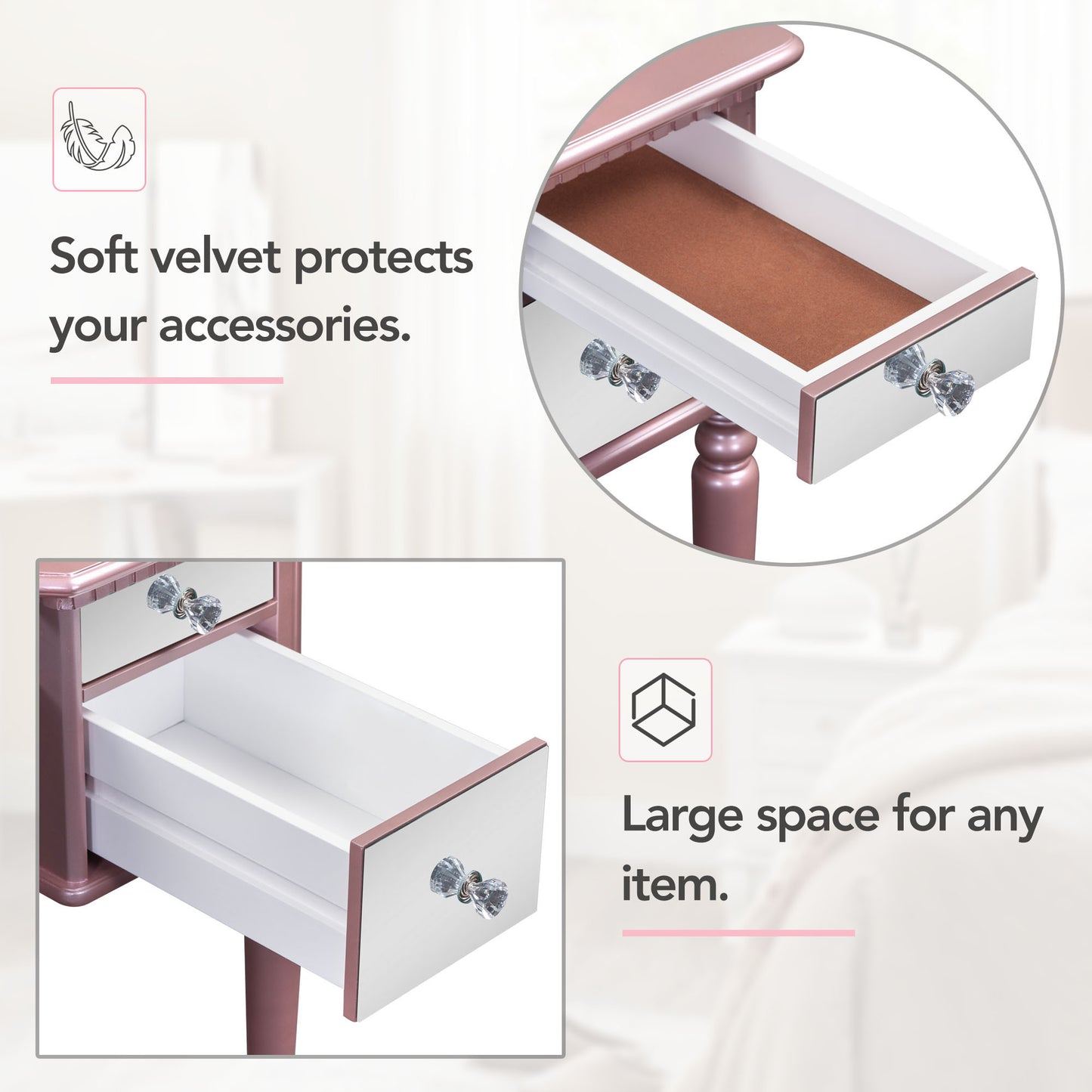 GO 43" Dressing Table Set with Mirrored Drawers and Stool, Tri-fold Mirror, Makeup Vanity Set for Bedroom, Rose Gold