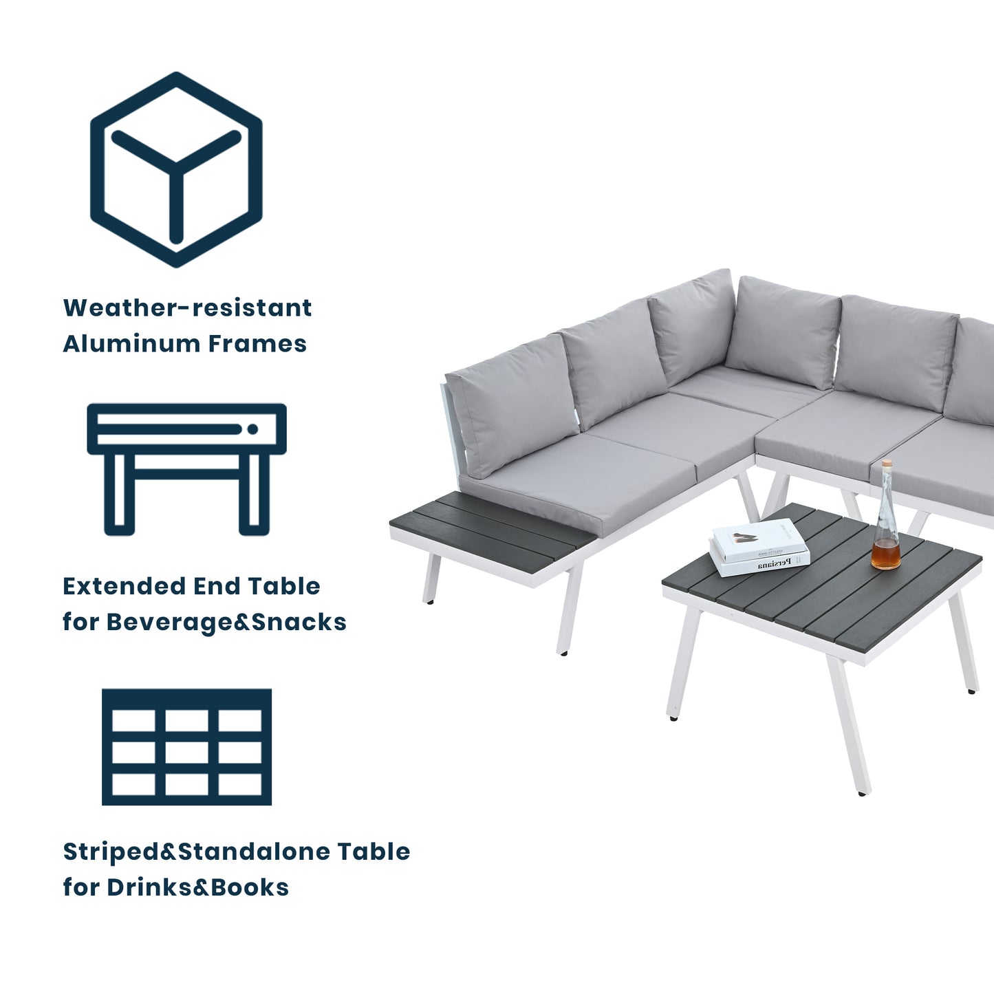 TOPMAX Industrial 5-Piece Aluminum Outdoor Patio Furniture Set, Modern Garden Sectional Sofa Set with End Tables, Coffee Table and Furniture Clips for Backyard, White+Grey