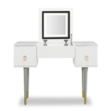 43.3" Modern Vanity Table Set with Flip-top Mirror and LED Light, Dressing Table with Customizable Storage, Marble-style Stickers Tabletop, White and Gray