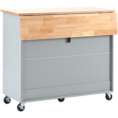 Kitchen Island with Drop Leaf, LED Light Kitchen Cart on Wheels with 2 Fluted Glass Doors and 1 Flip Cabinet Door, Large Kitchen Island Cart with an Adjustable Shelf and 2 Drawers (Grey Blue)