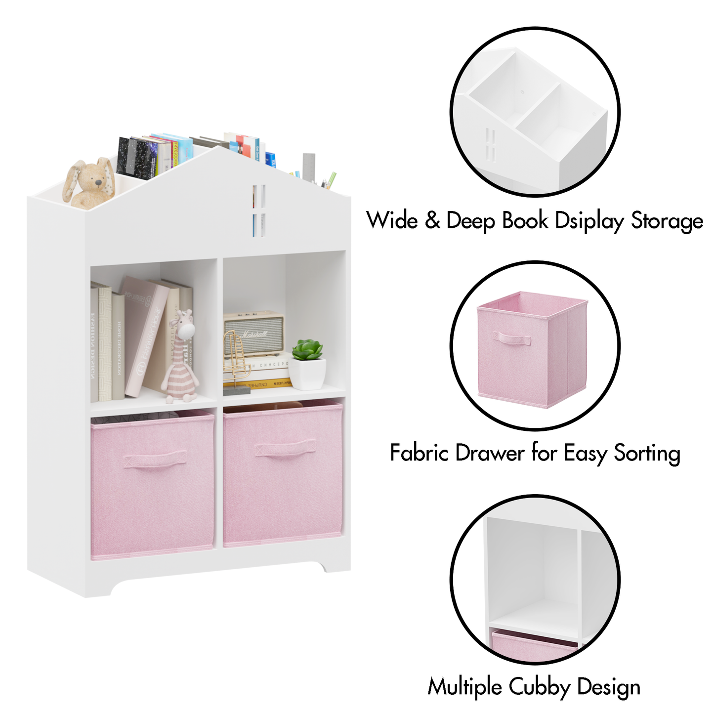 Kids Dollhouse Bookcase with Storage, 2-Tier Storage Display Organizer, Toddler Bookshelf with 2 Collapsible Fabric Drawers for Bedroom or Playroom (White/Pink)