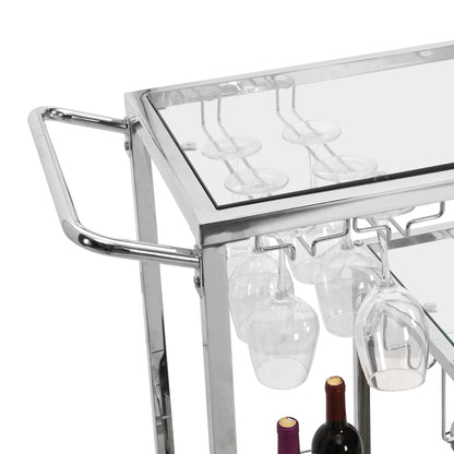 Contemporary Chrome Bar Serving Cart Silver Modern Glass Metal Frame Wine Storage