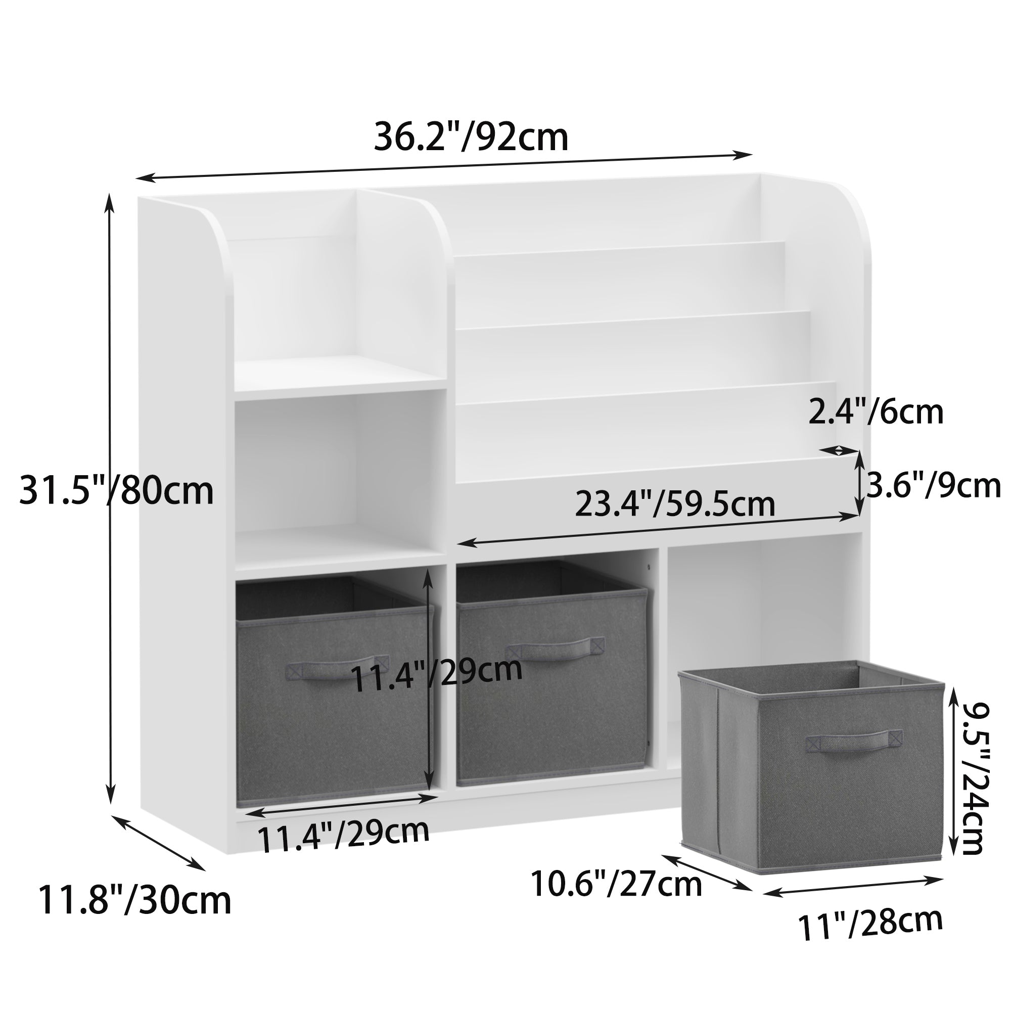 Kids Bookcase and Bookshelf, Multifunctional Bookcase with 3 Collapsible Fabric Drawers, Bookcase Display Stand, Toy Storage Organizer for Bedroom, Playroom, Hallway (White/Gray)