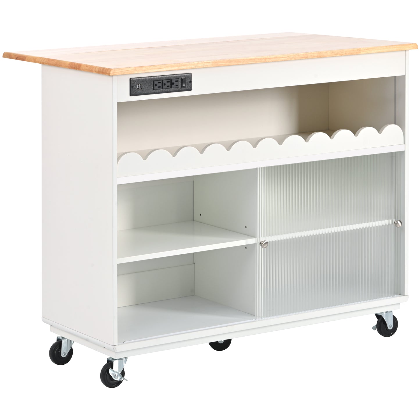 Kitchen Island with Drop Leaf, LED Light Kitchen Cart on Wheels with Power Outlets, 2 Sliding Fluted Glass Doors, Large Kitchen Island Cart with 2 Cabinet and 1 open Shelf (White)