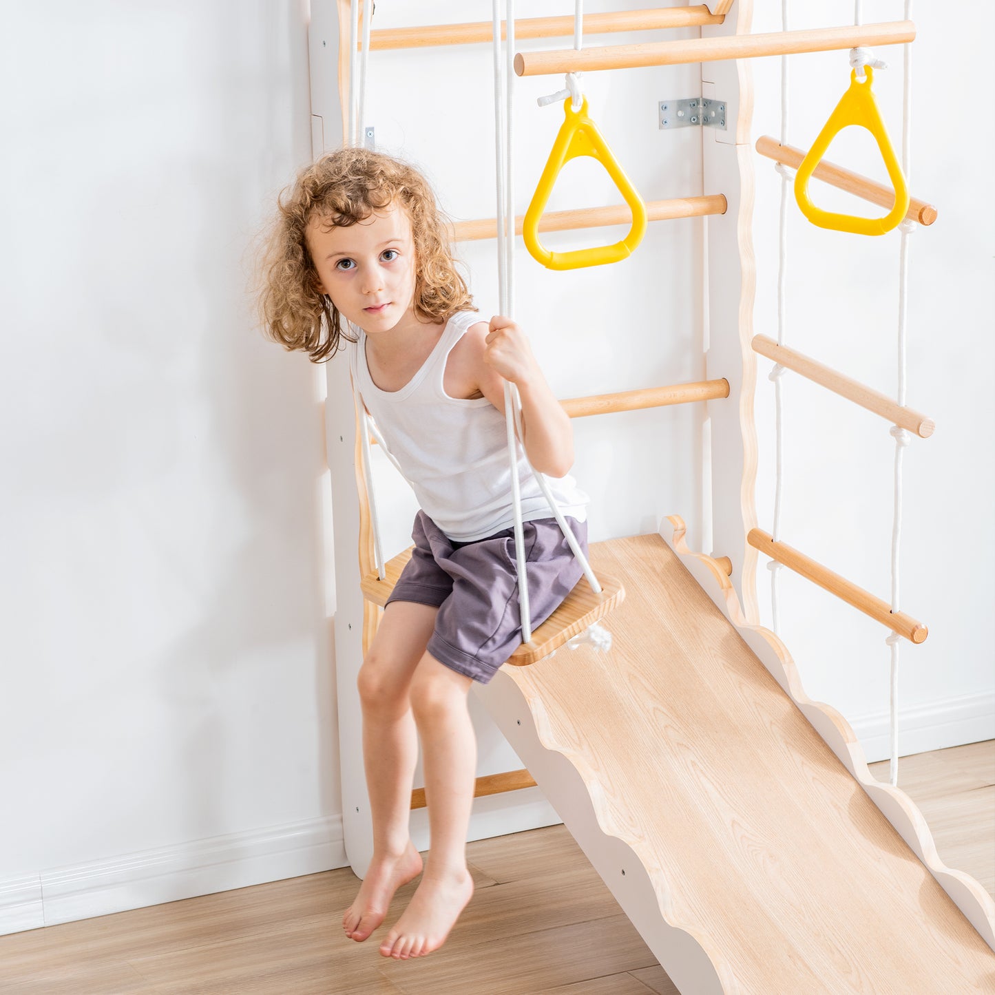 Wooden Climbing Toy Sets for Toddlers - Indoor Toy Gym Playset for Kids with Plate Swing Slide Rings, Wall Mounted Natural Wood Play Gym