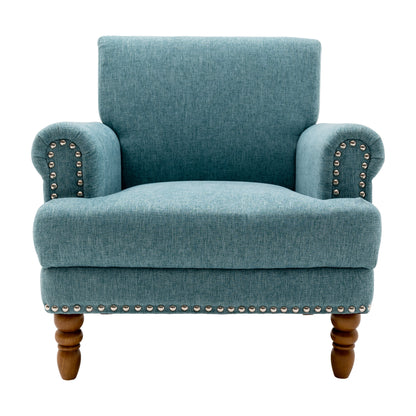 Cotton Accent Chair Mid-Century Modern Living Room Armchair with Nailhead Trim & Wood Legs Comfy Upholstered Single Sofa Chair for Lounge/Bedroom/Reception  Blue