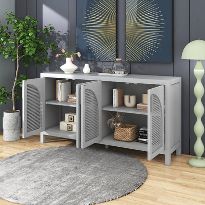 TREXM Large Storage Space Sideboard with Artificial Rattan Door and Metal Handles for Living Room and Entryway (Gray)