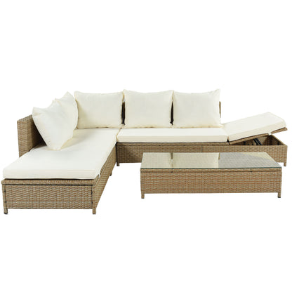 TOPMAX Patio 3-Piece Rattan Sofa Set All Weather PE Wicker Sectional Set with Adjustable Chaise Lounge Frame and Tempered Glass Table, Natural Brown+ Beige Cushion