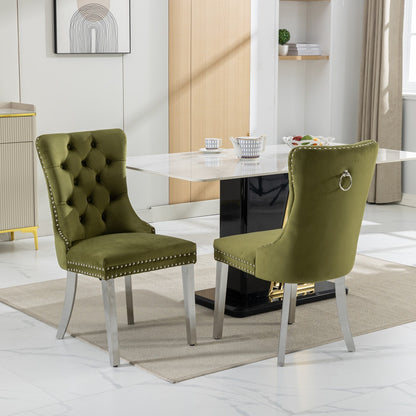 Nikki Collection Modern, High-end Tufted Solid Wood Contemporary Velvet Upholstered Dining Chair with Chrome Stainless Steel Plating Legs,Nailhead Trim,Set of 2,Olive-Green and Chrome, SW1701OL