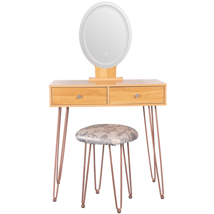 Dressing Table Vanity Set with 3-Color Dimmable Lighted Mirror Makeup Desk with 2 Drawers and Yellow Padded Stool On-Sit