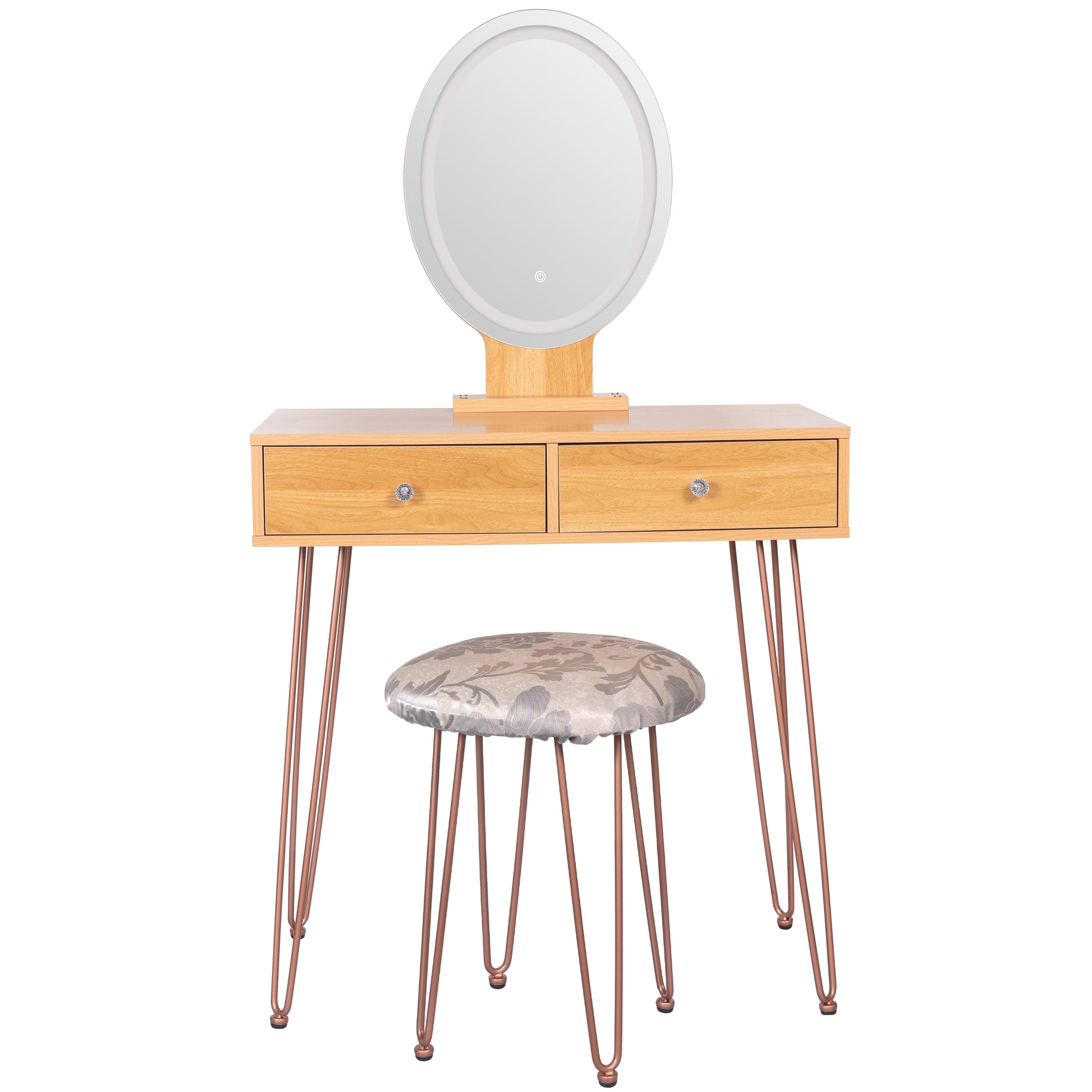 Dressing Table Vanity Set with 3-Color Dimmable Lighted Mirror Makeup Desk with 2 Drawers and Yellow Padded Stool On-Sit