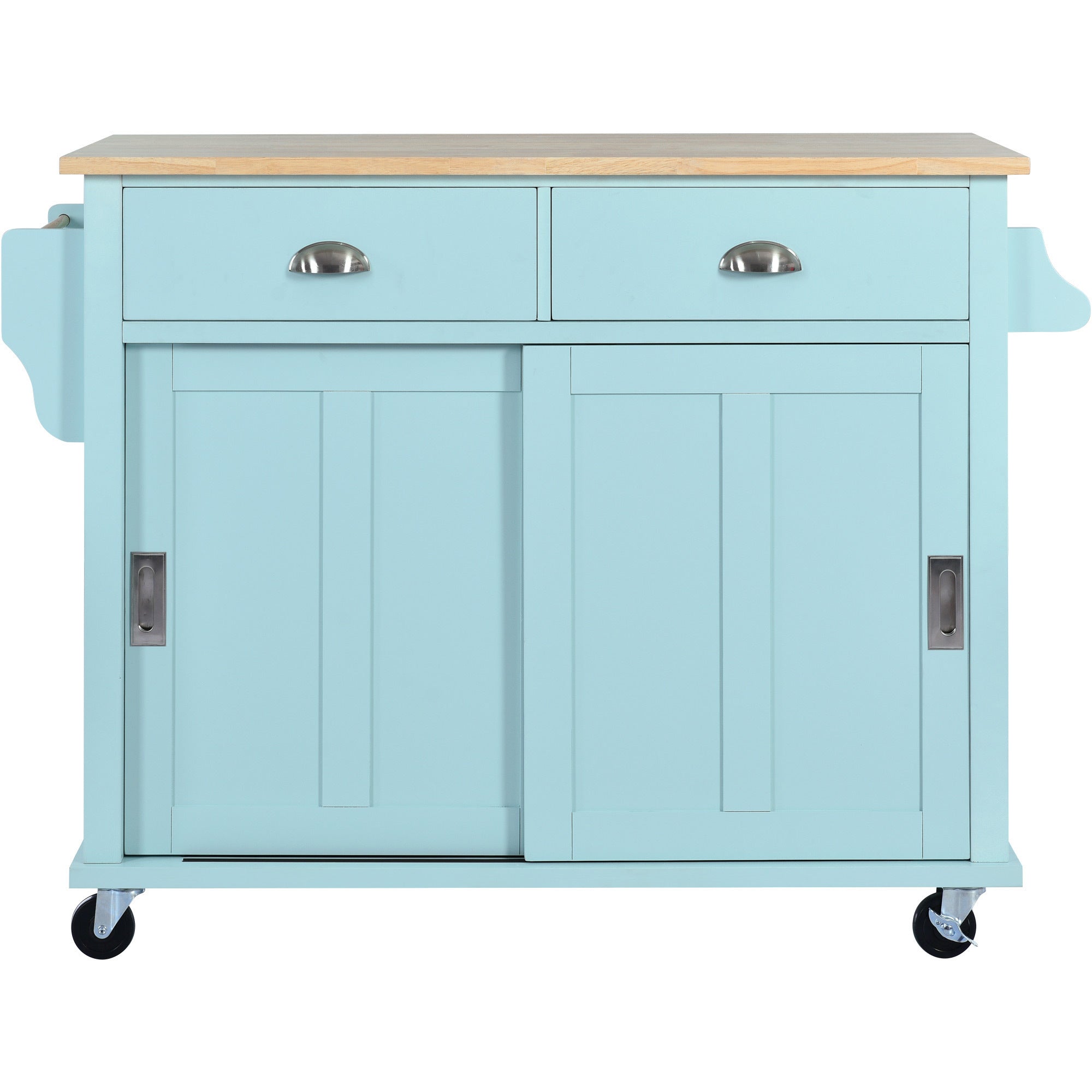 Kitchen Cart with Rubber wood Drop-Leaf Countertop, Concealed sliding barn door adjustable height,Kitchen Island on 4 Wheels with Storage Cabinet and 2 Drawers,L52.2xW30.5xH36.6 inch, Mint Green