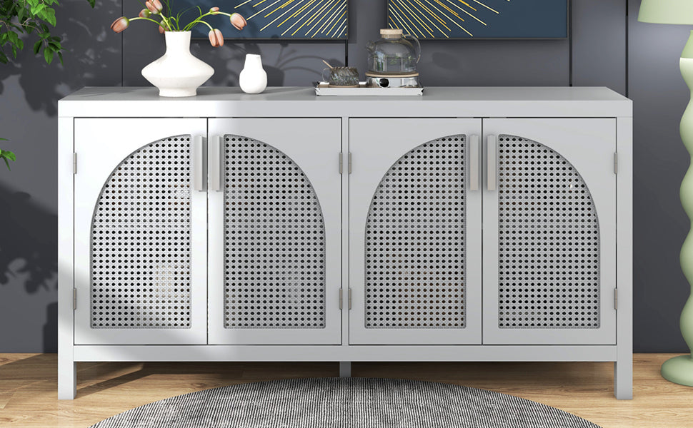 TREXM Large Storage Space Sideboard with Artificial Rattan Door and Metal Handles for Living Room and Entryway (Gray)