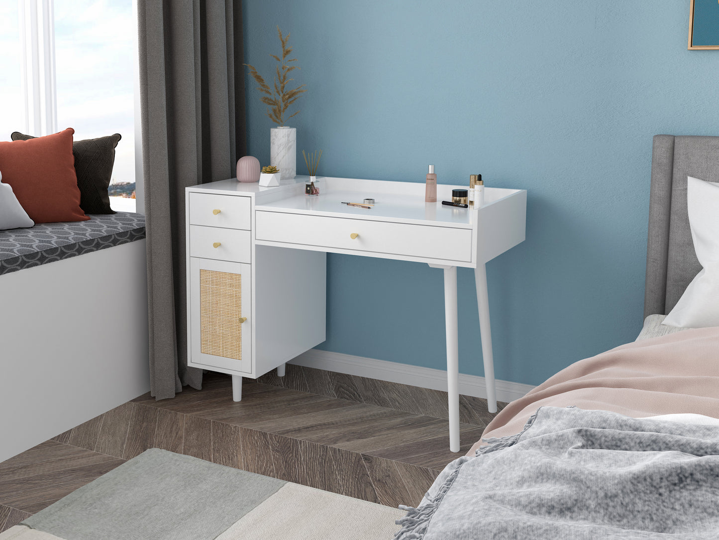 Makeup Vanity with Drawers, Mid-Century Dressing Table White Wood Desk with Rattan Door