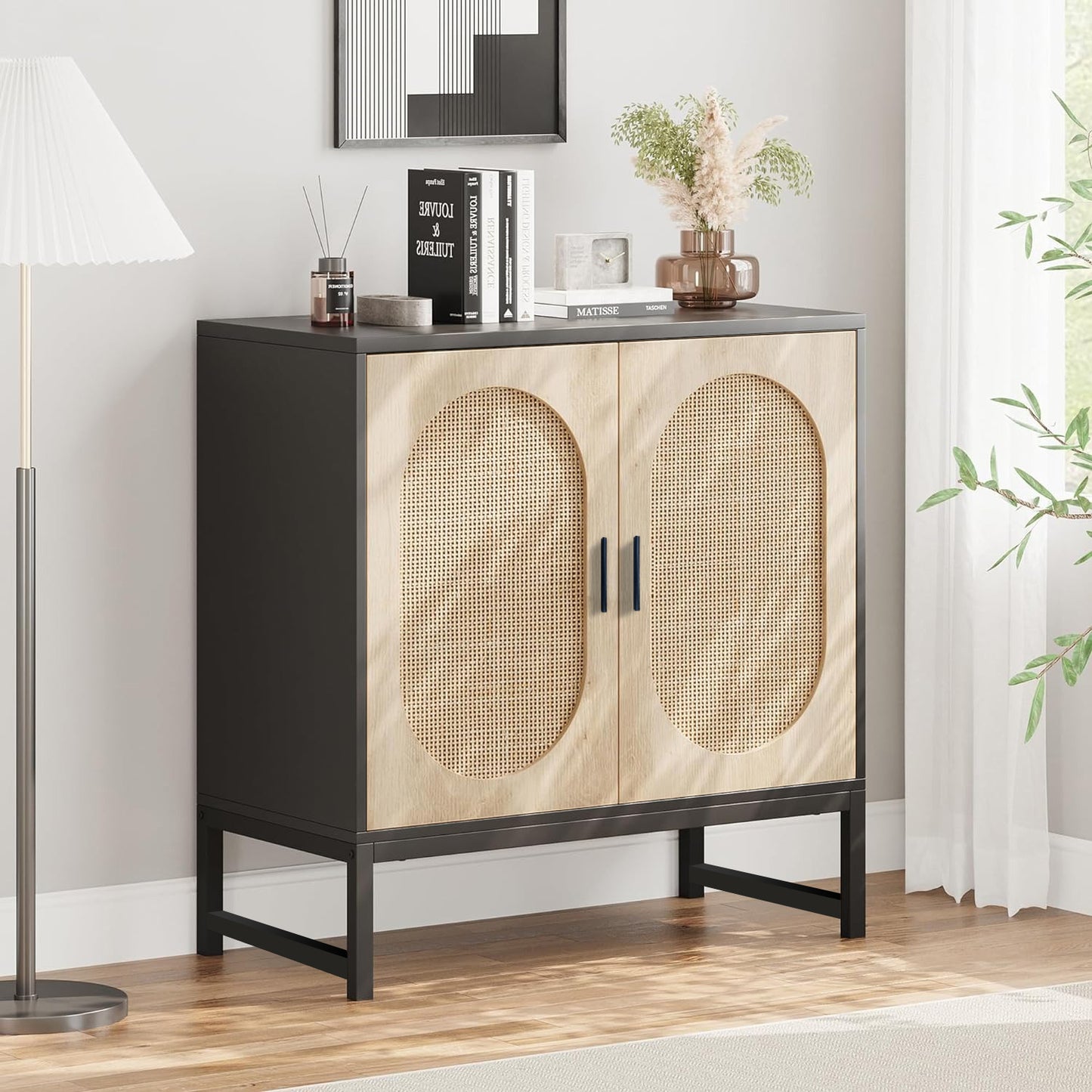 Glavbiku New Modern Rattan Arched 2 Door Storage Cabinet,Accent Cabinet with Metal Legs,31in L