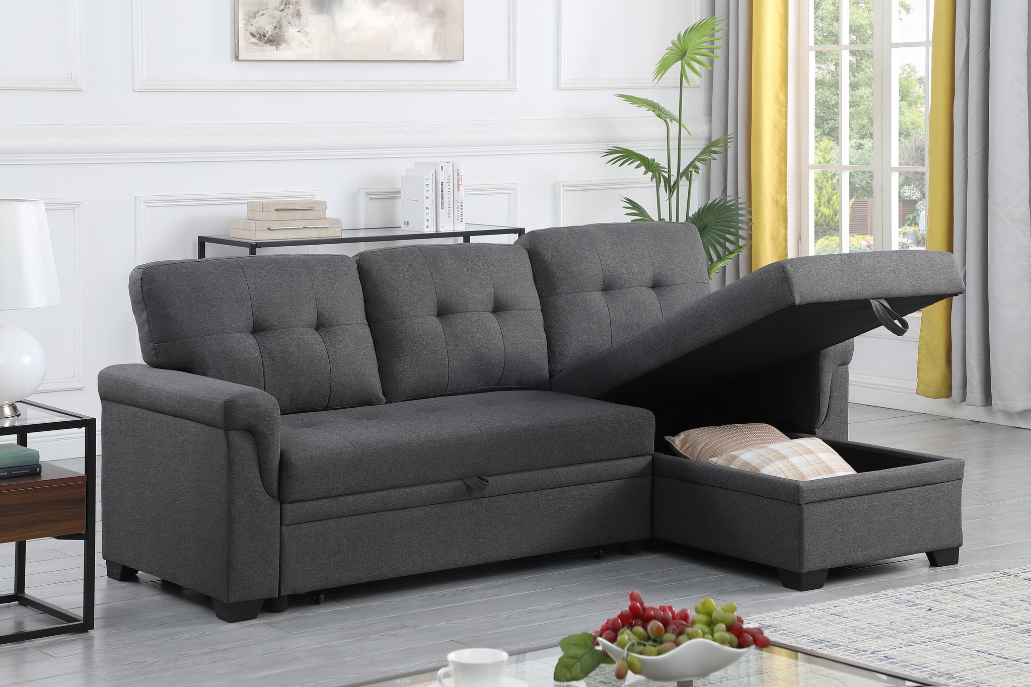 Lucca Dark Gray Linen Reversible Sleeper Sectional Sofa with Storage Chaise