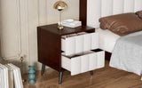 2-Drawer Nightstand for Bedroom, Mordern Wood+Linen Bedside Table with Classic Design,Walnut+Beige