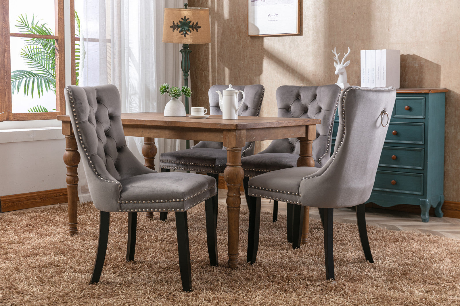 Nikki Collection Modern, High-end Tufted Solid Wood Contemporary Velvet Upholstered Dining Chair with Wood Legs Nailhead Trim 2-Pcs Set,Gray, SW2001GY