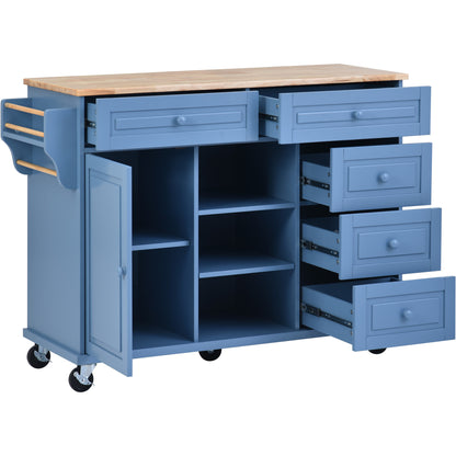 Kitchen cart with Rubber wood desktop rolling mobile kitchen island with storage and 5 draws 53 Inch length (Blue)