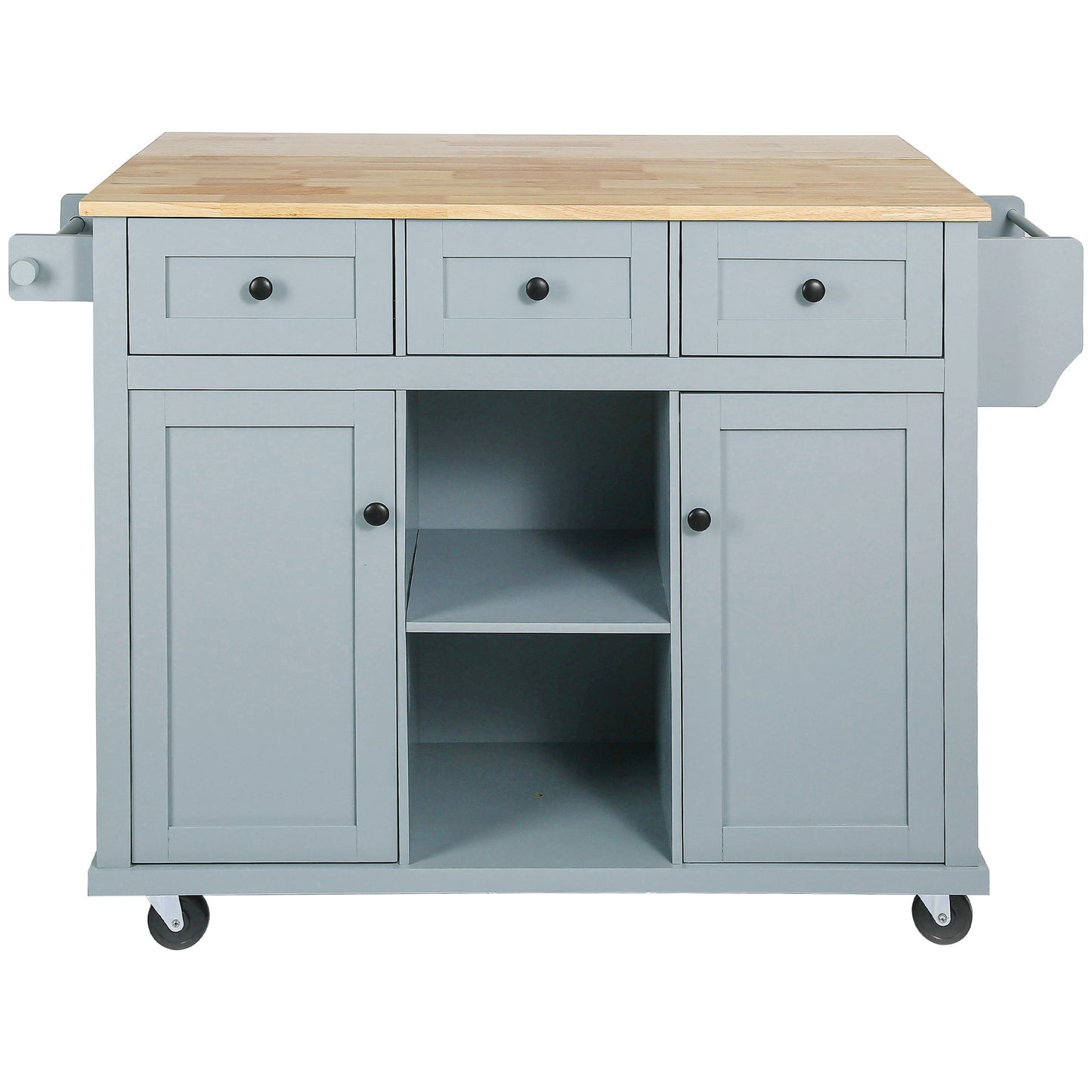 Kitchen Cart with Rubber wood Drop-Leaf Countertop ,Cabinet door internal storage racks,Kitchen Island on 5 Wheels with Storage Cabinet and 3 Drawers for Dinning Room, Grey Blue