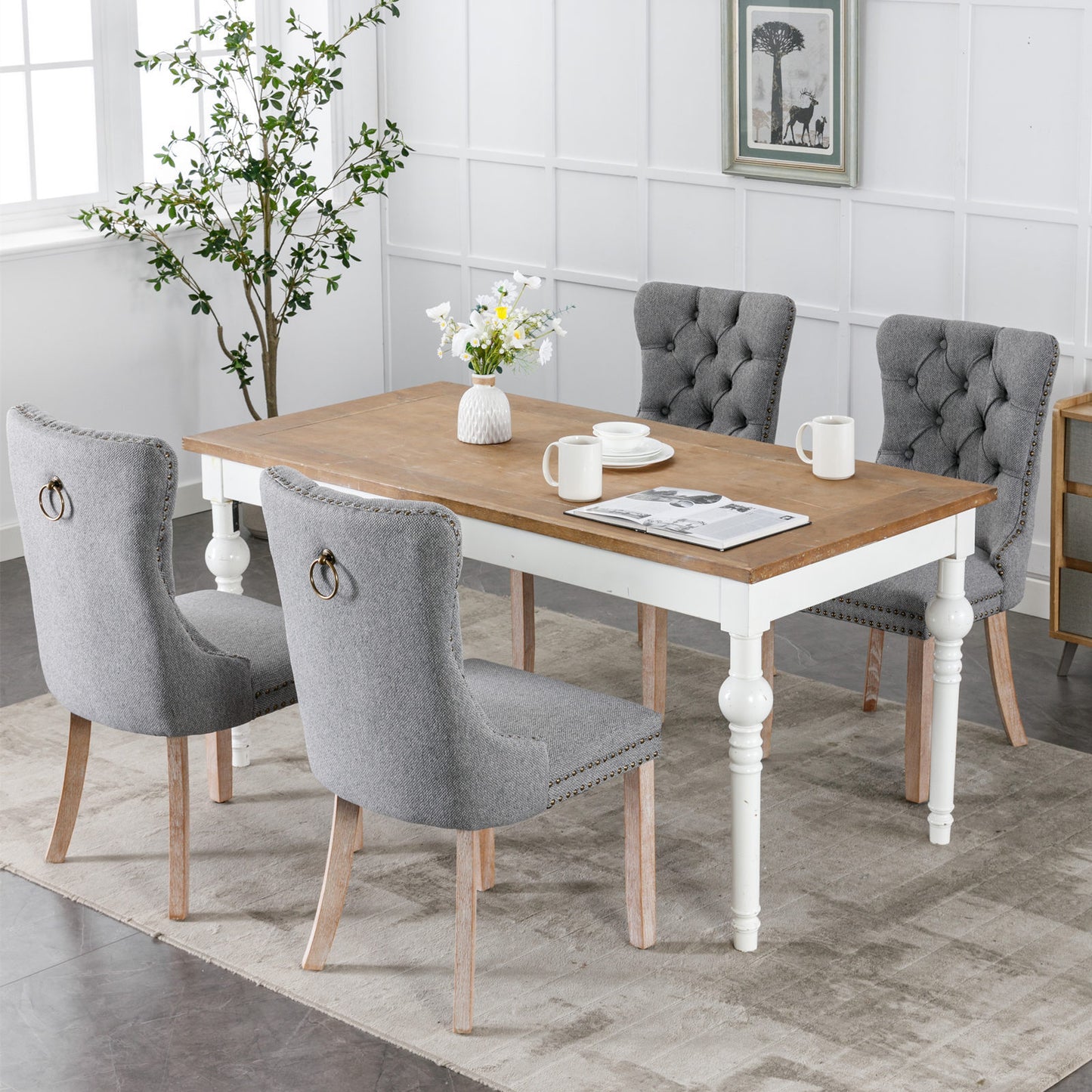 Nikki Collection Modern, High-end Tufted Solid Wood Contemporary Flax Upholstered Linen Dining Chair with Wood Legs Nailhead Trim 2-Pcs Set,Gray, SW6801GY