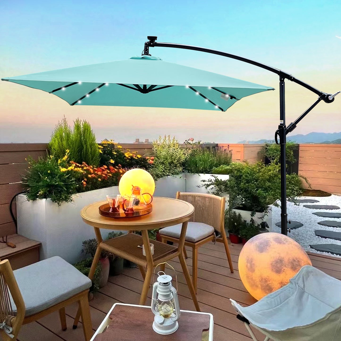 Rectangle 2x3M Outdoor Patio Umbrella Solar Powered LED Lighted Sun Shade Market Waterproof 6 Ribs Umbrella with Crank and Cross Base for Garden Deck Backyard Pool Shade Outside Deck Swimming Pool