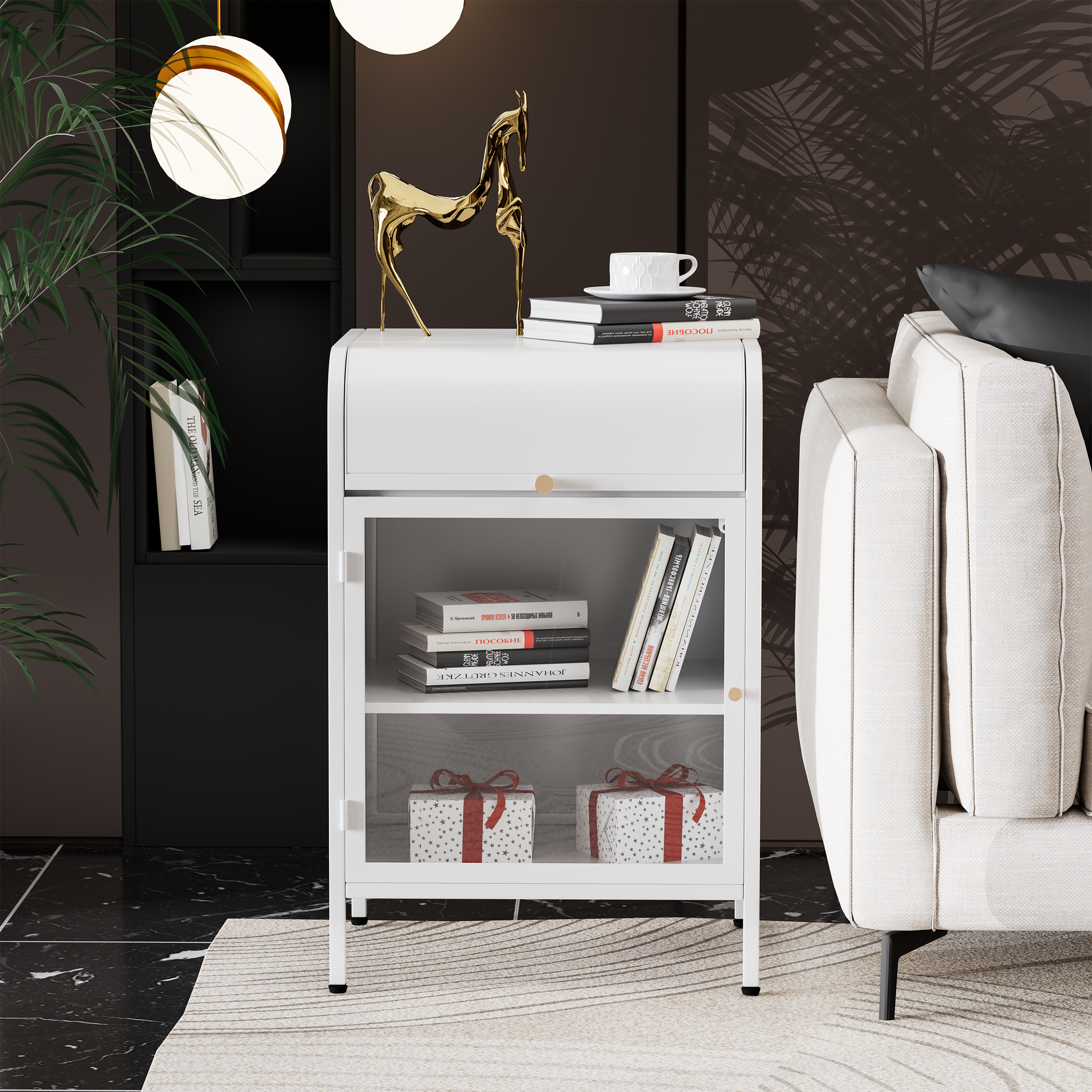 Glavbiku Modern Metal Nightstand with 1 Flap Cubby,End Table with Glass Door for Bedroom