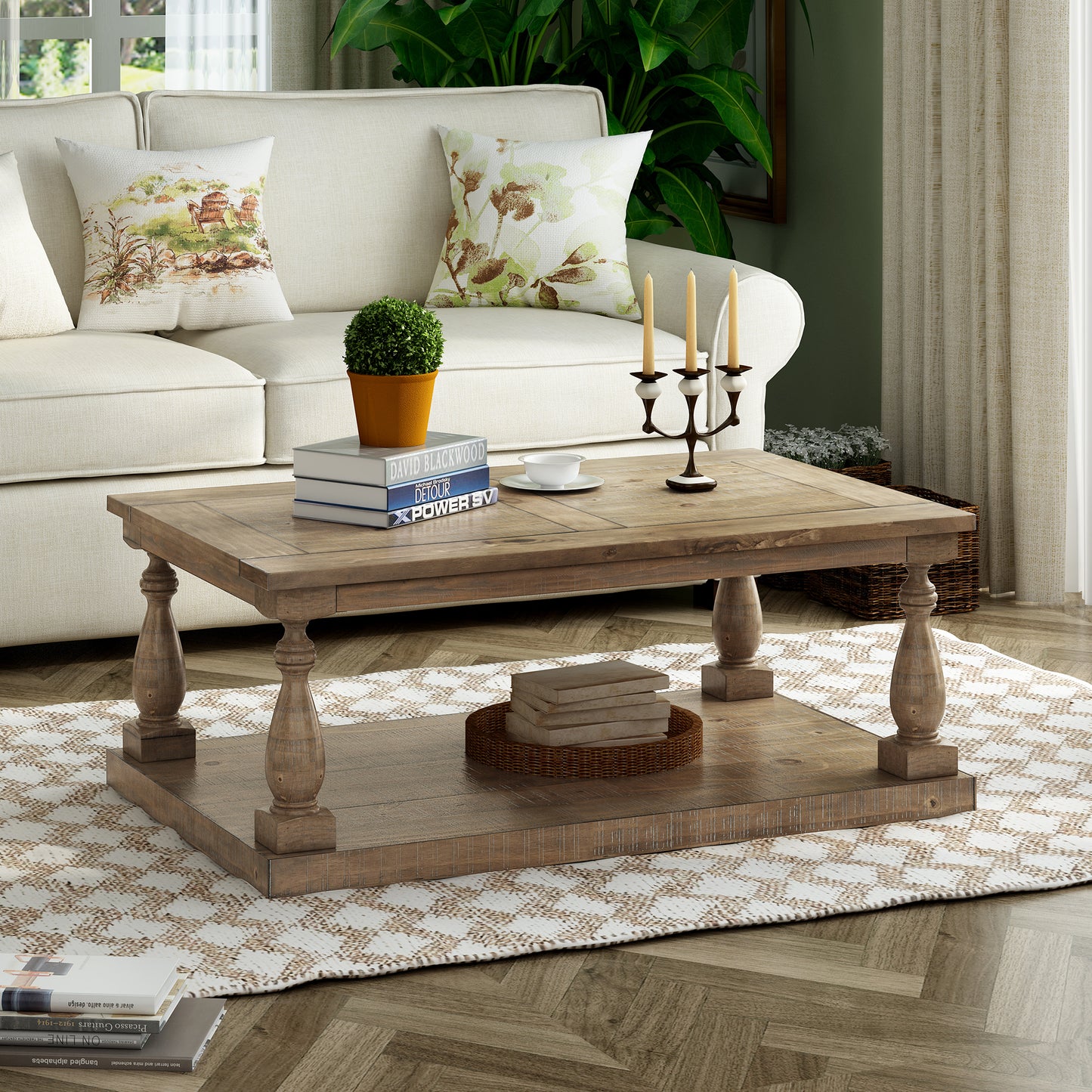 U_STYLE Rustic Floor Shelf Coffee Table with Storage,Solid Pine Wood (As same As WF287269AAE)