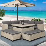 TOPMAX 6-Piece Patio Furniture Set Outdoor Wicker Rattan Sectional Sofa with Table and Benches for Backyard, Garden, Poolside