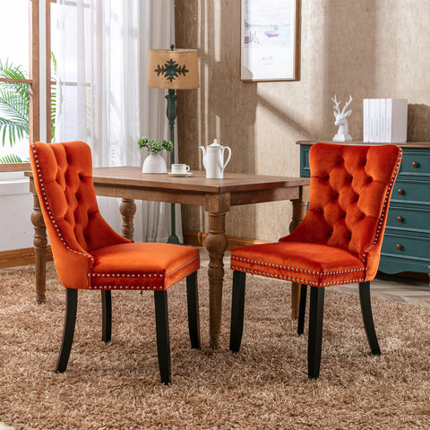 Nikki Collection Modern, High-end Tufted Solid Wood Contemporary Velvet Upholstered Dining Chair with Wood Legs Nailhead Trim 2-Pcs Set, Orange, SW2001OG