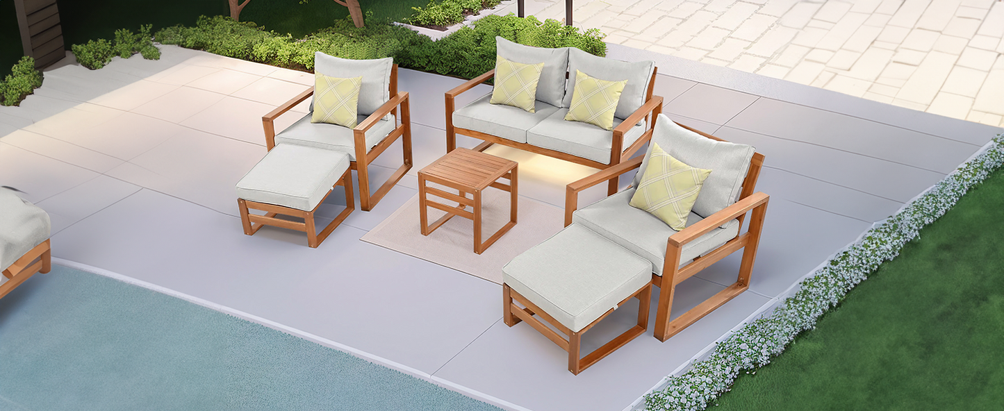 TOPMAX Outdoor Patio Wood 6-Piece Conversation Set, Sectional Garden Seating Groups Chat Set with Ottomans and Cushions for Backyard, Poolside, Balcony, Grey