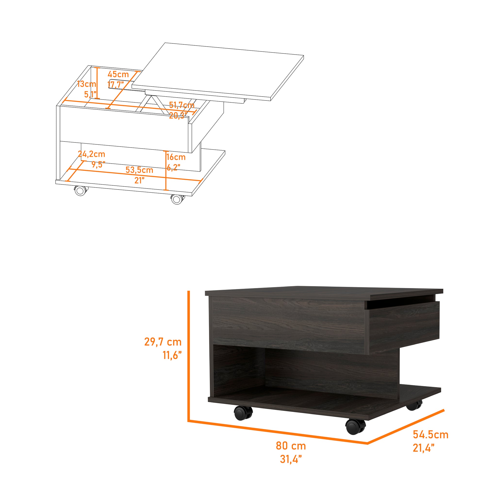 Lift Top Coffee Table Mercuri, Casters, Carbon Espresso Finish