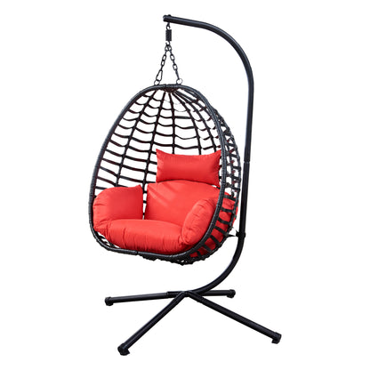 Outdoor Rattan Hanging Oval Egg Chair in Stock, 37"Lx35"Dx78"H (Red)