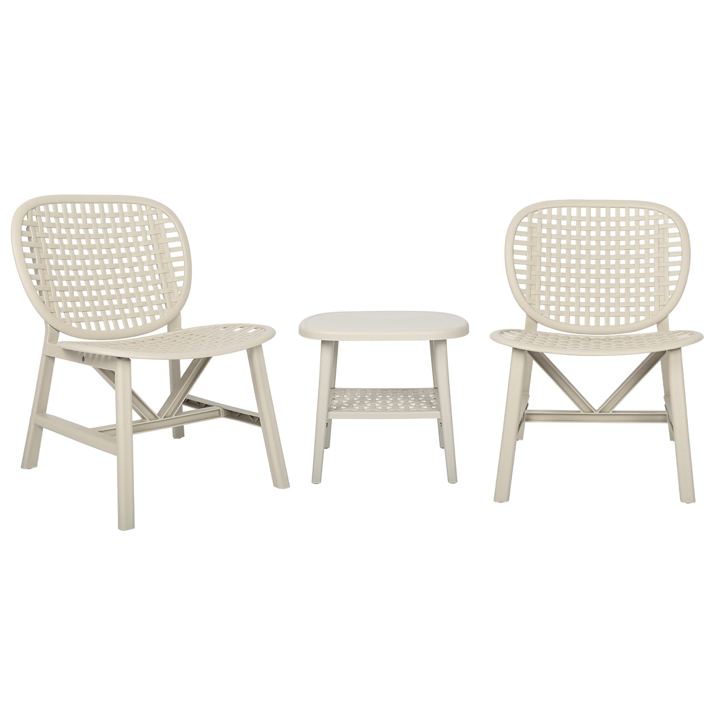 3 Pieces Hollow Design Retro Patio Table Chair Set All Weather Conversation Bistro Set Outdoor Table with Open Shelf and Lounge Chairs with Widened Seat for Balcony Garden Yard White